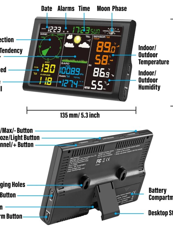Sainlogic Wireless Weather Station with 5-in-1 Outdoor Sensor, LCD Display, Accurate Temp/Humidity/Wind/Air Pressure Tracking