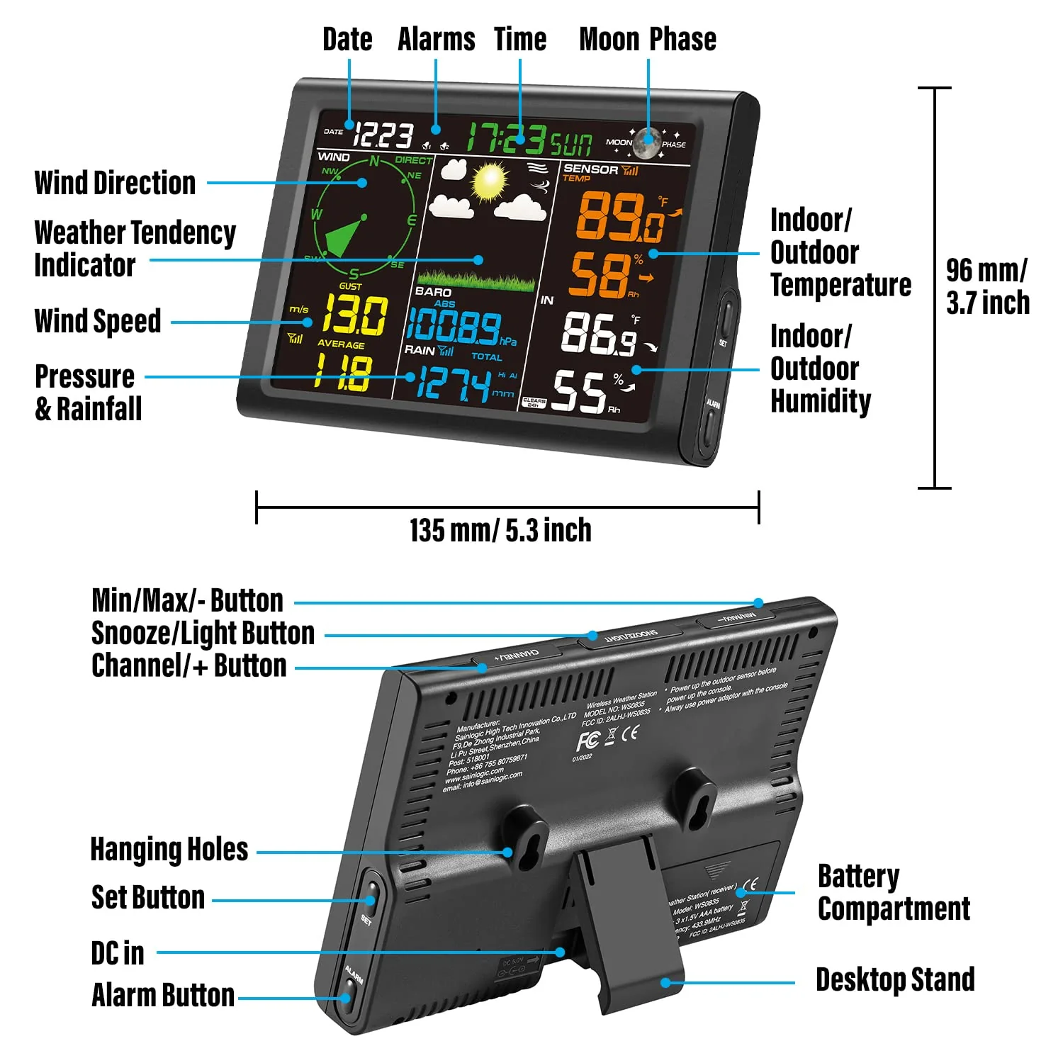 Sainlogic Wireless Weather Station with 5-in-1 Outdoor Sensor, LCD Display, Accurate Temp/Humidity/Wind/Air Pressure Tracking
