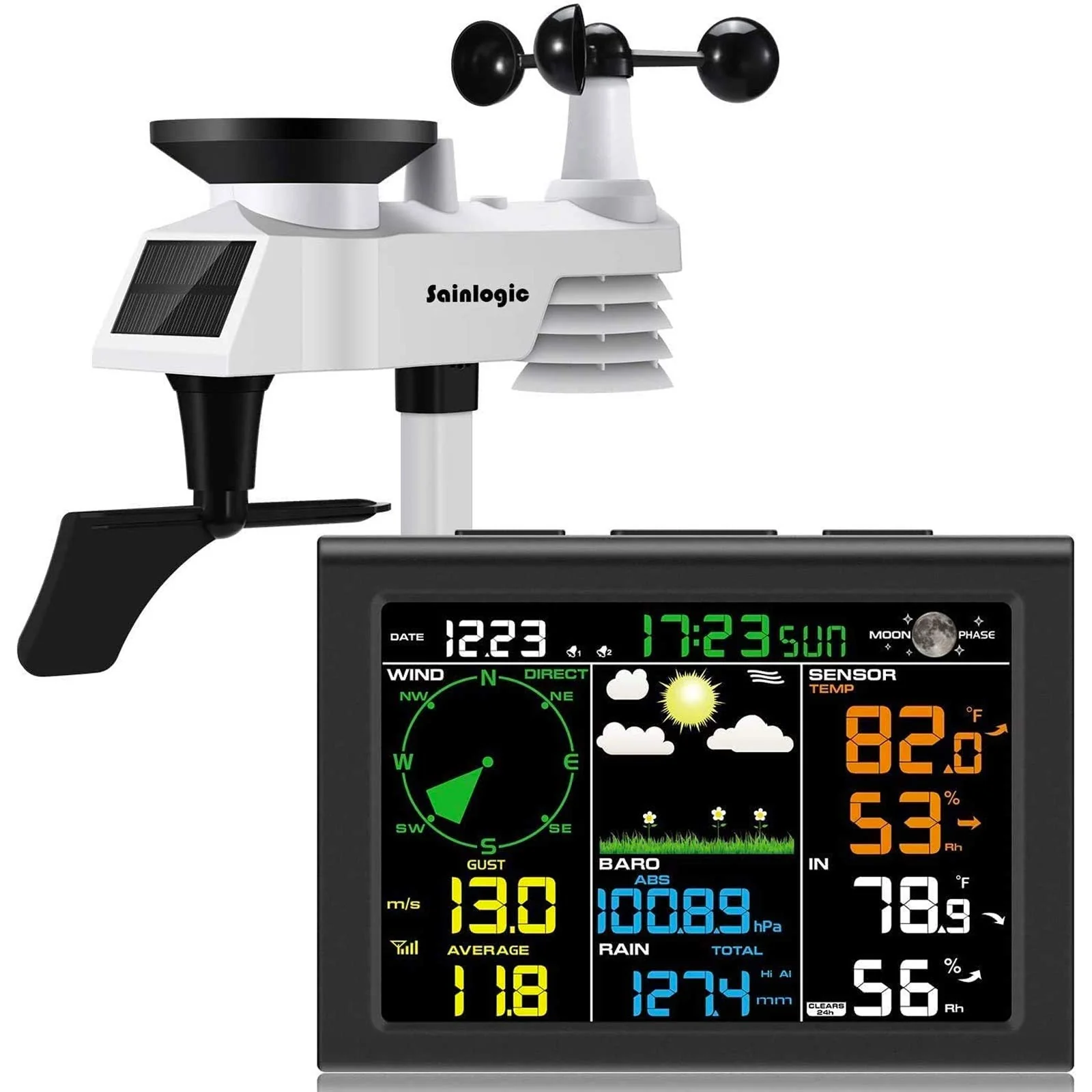 Sainlogic Wireless Weather Station with 5-in-1 Outdoor Sensor, LCD Display, Accurate Temp/Humidity/Wind/Air Pressure Tracking