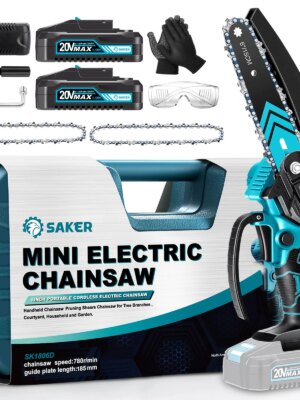 Saker 6-Inch Cordless Electric Chainsaw, Powerful Motor, Rechargeable Battery, Portable for Woodworking & Yard Work
