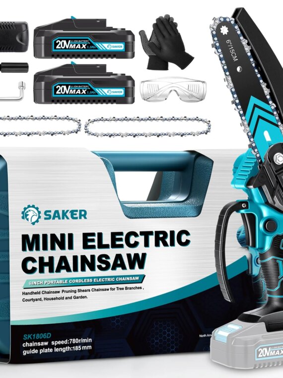 Saker 6-Inch Cordless Electric Chainsaw, Powerful Motor, Rechargeable Battery, Portable for Woodworking & Yard Work