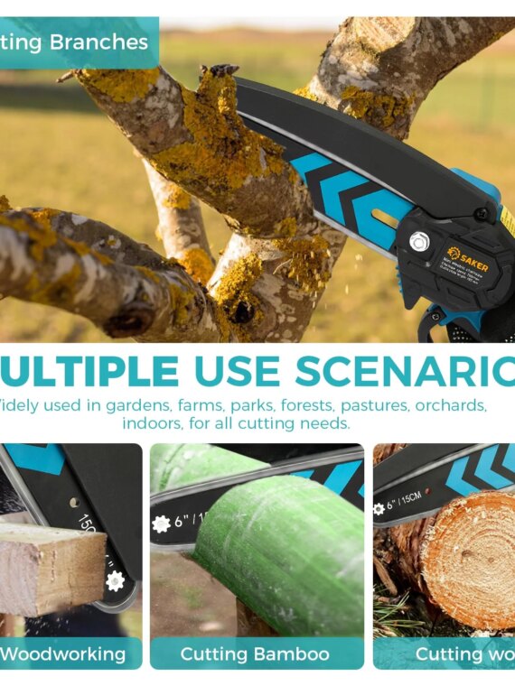 Saker 6-Inch Cordless Electric Chainsaw, Powerful Motor, Rechargeable Battery, Portable for Woodworking & Yard Work