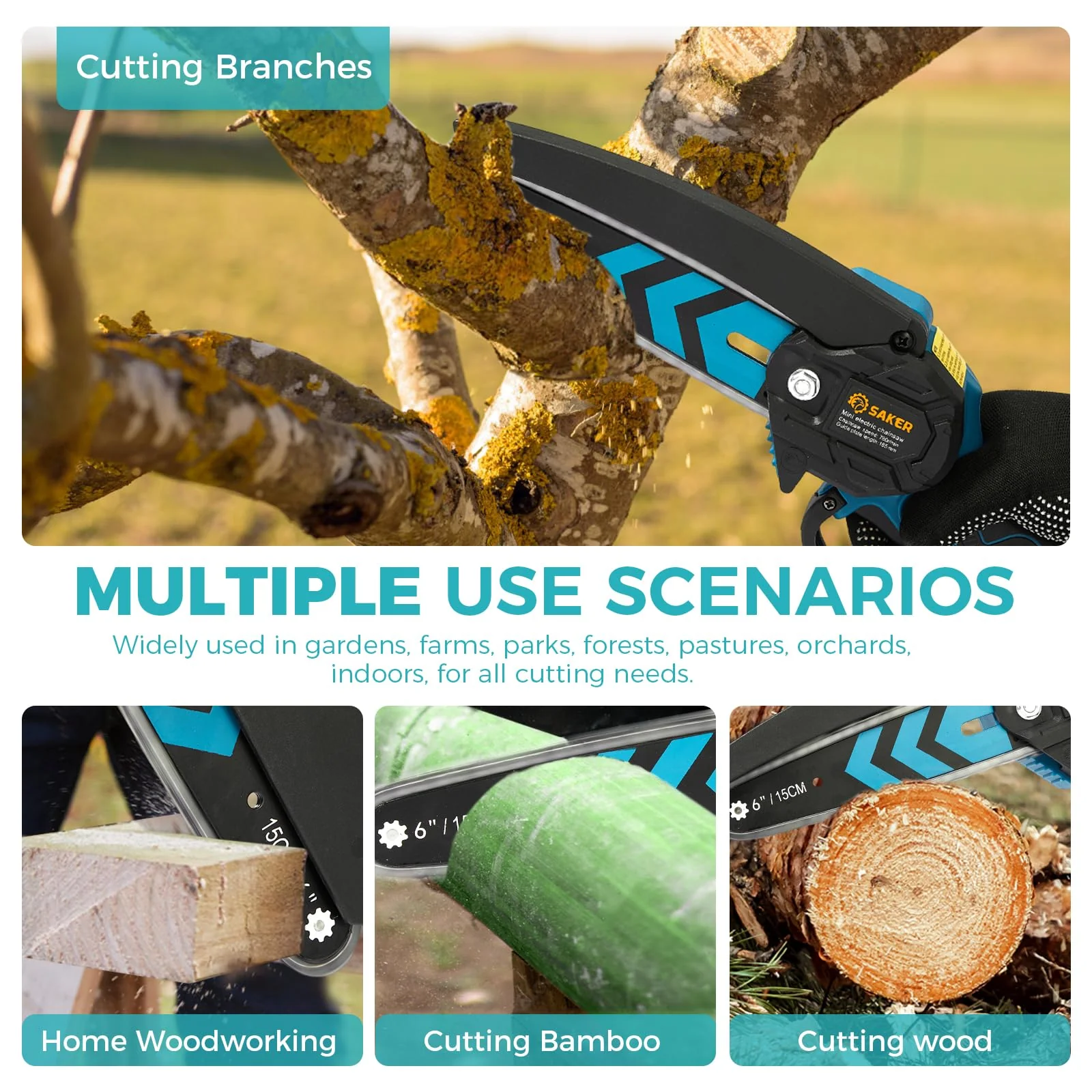 Saker 6-Inch Cordless Electric Chainsaw, Powerful Motor, Rechargeable Battery, Portable for Woodworking & Yard Work