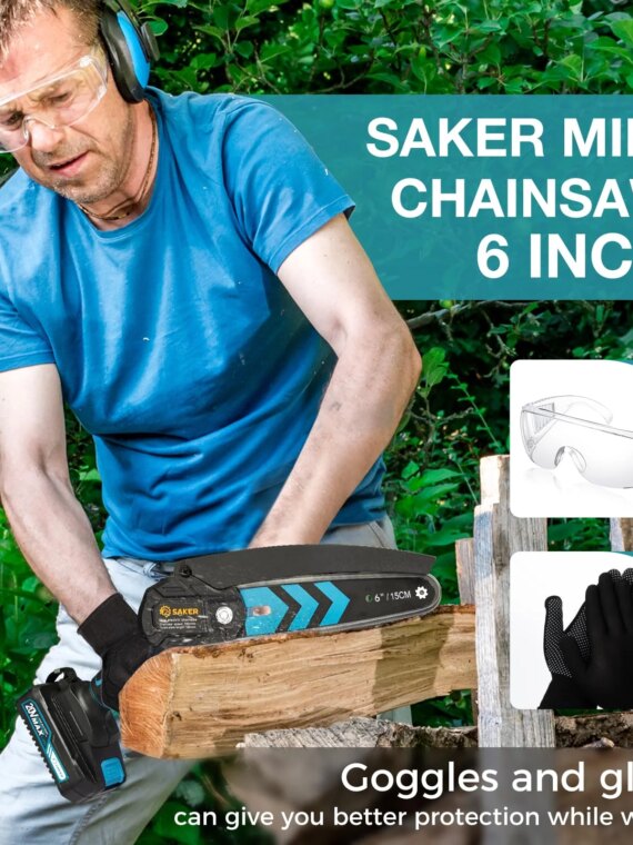 Saker 6-Inch Cordless Electric Chainsaw, Powerful Motor, Rechargeable Battery, Portable for Woodworking & Yard Work