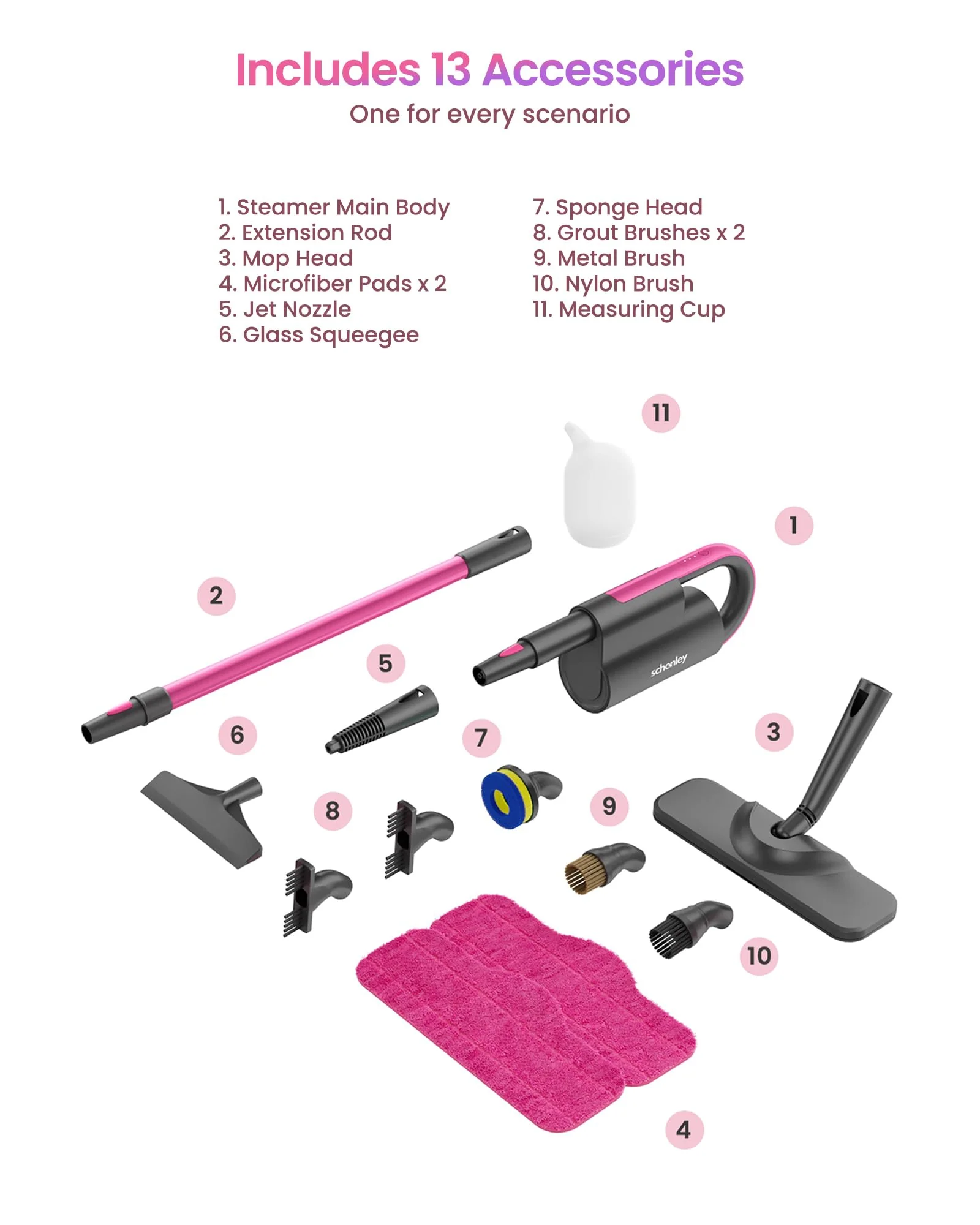 Schenley Steam Mop Cleaner with Detachable Handheld Steamer, Chemical-Free, Fast Heat-Up, 7 Attachments, 180° Swivel