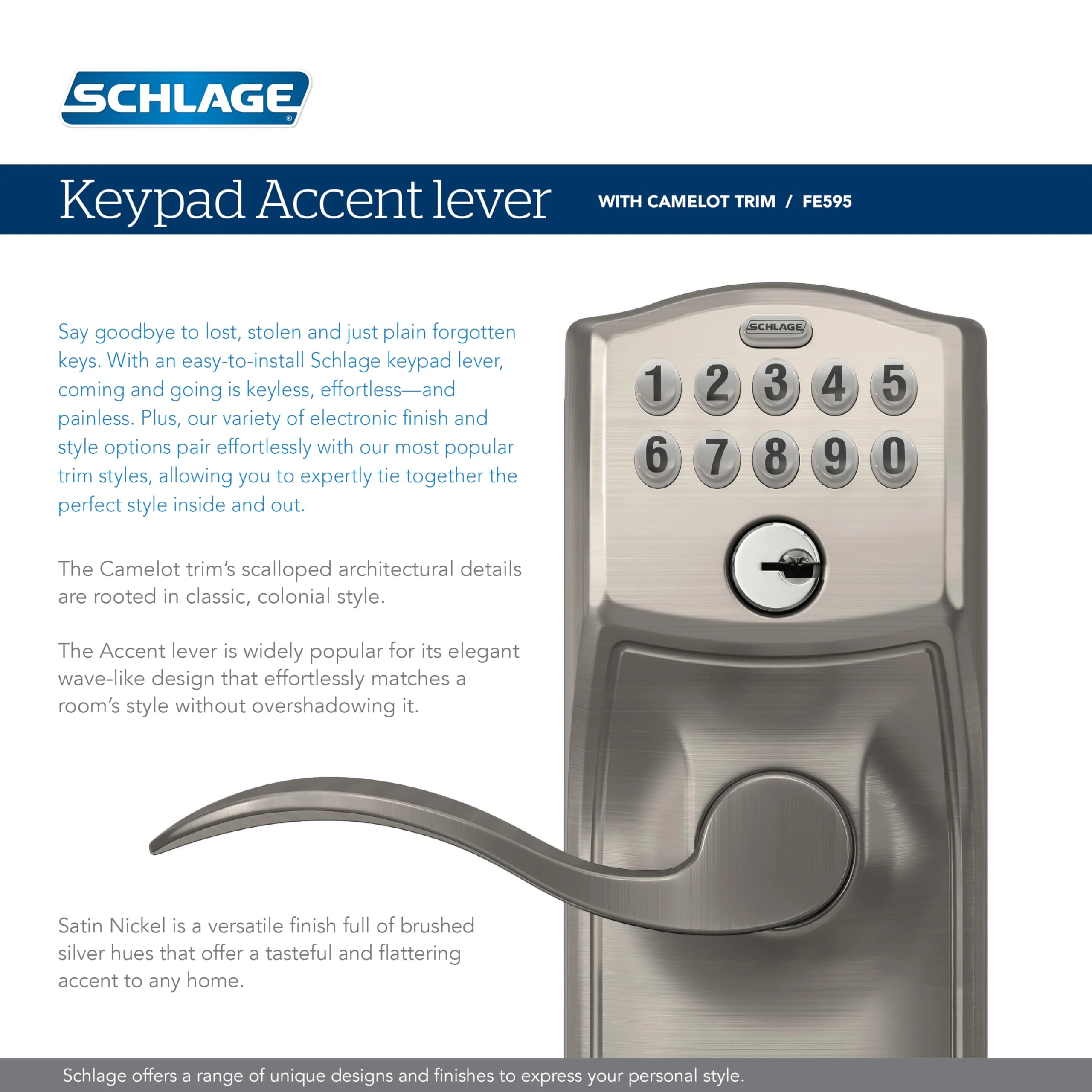 Schlage Camelot Keypad Deadbolt FE595 CAM 626 ACC - Keyless Entry, Flex Lock, Illuminated Keypad, Battery-Operated Door Lock