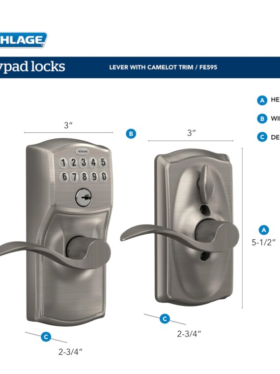 Schlage Camelot Keypad Deadbolt FE595 CAM 626 ACC - Keyless Entry, Flex Lock, Illuminated Keypad, Battery-Operated Door Lock