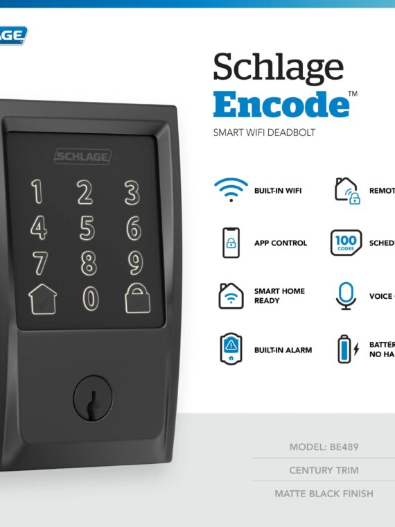 Schlage Encode Smart Wi-Fi Deadbolt, Black - Secure Remote Access, Built-in Alarm, No Hub Needed