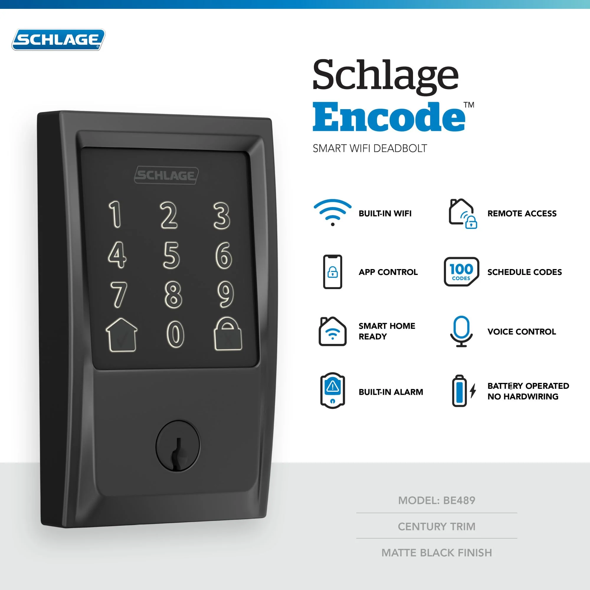Schlage Encode Smart Wi-Fi Deadbolt, Black - Secure Remote Access, Built-in Alarm, No Hub Needed