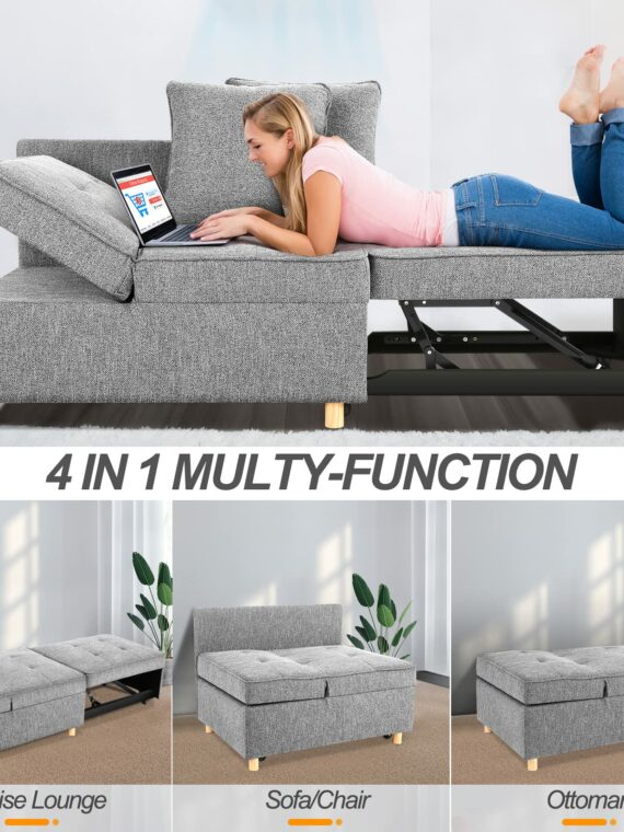 SEJOV 4-in-1 Convertible Sofa Bed, Multi-functional Linen Fabric Couch with Adjustable Backrest & Sturdy Frame for Small Spaces