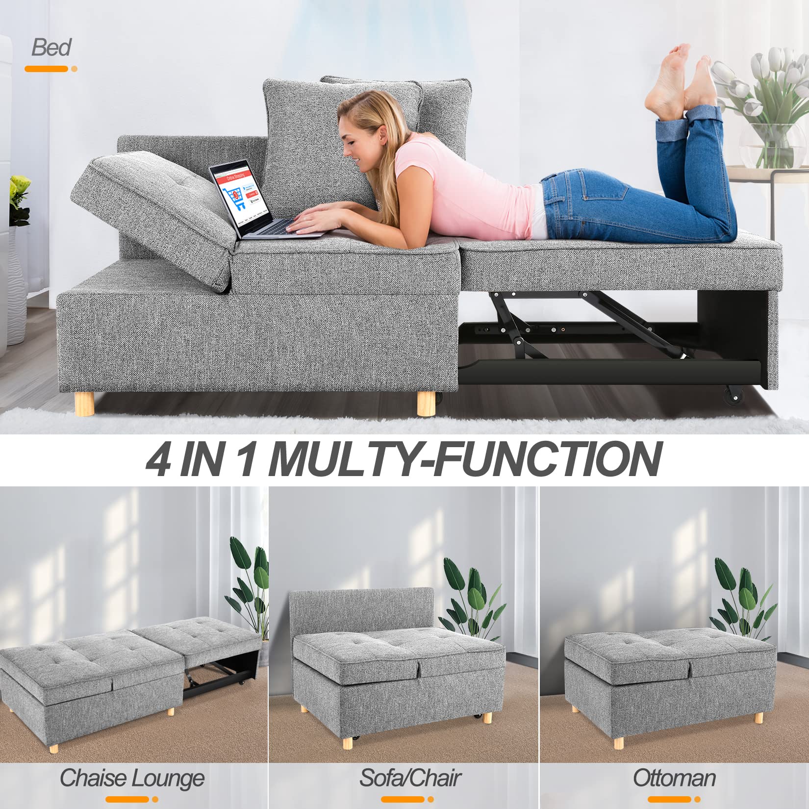 SEJOV 4-in-1 Convertible Sofa Bed, Multi-functional Linen Fabric Couch with Adjustable Backrest & Sturdy Frame for Small Spaces