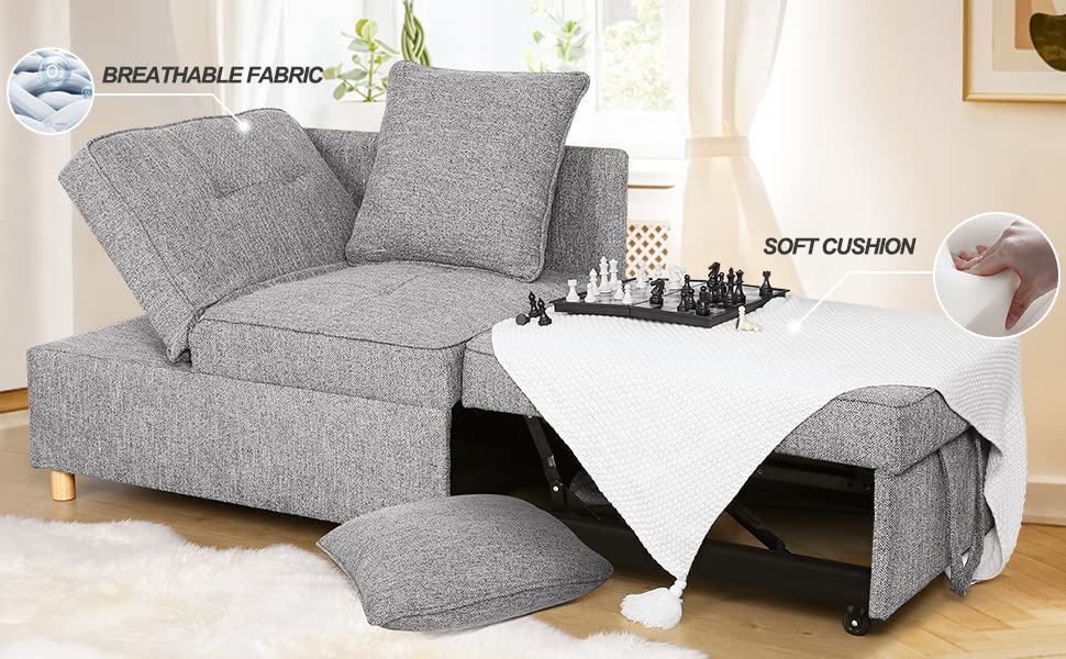 SEJOV 4-in-1 Convertible Sofa Bed, Multi-functional Linen Fabric Couch with Adjustable Backrest & Sturdy Frame for Small Spaces