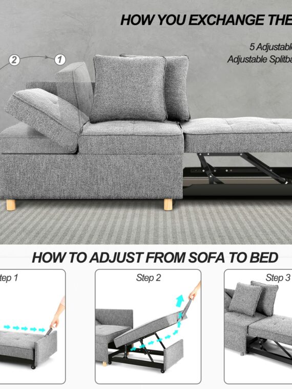 SEJOV 4-in-1 Convertible Sofa Bed, Multi-functional Linen Fabric Couch with Adjustable Backrest & Sturdy Frame for Small Spaces