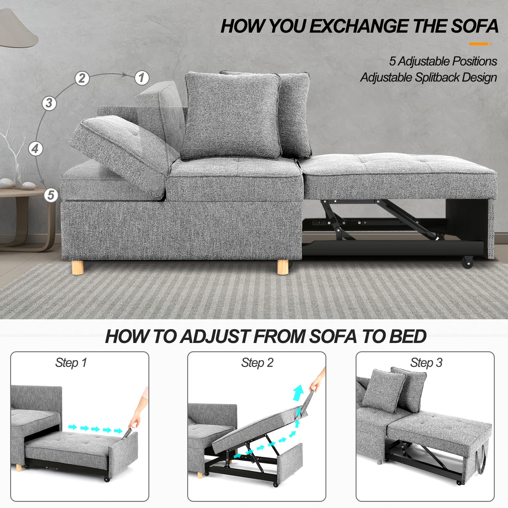 SEJOV 4-in-1 Convertible Sofa Bed, Multi-functional Linen Fabric Couch with Adjustable Backrest & Sturdy Frame for Small Spaces