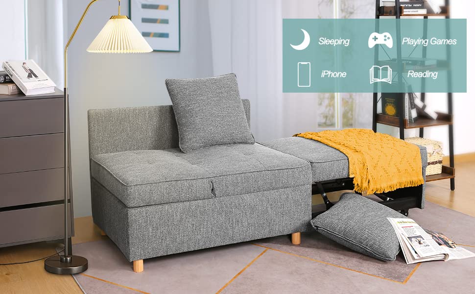 SEJOV 4-in-1 Convertible Sofa Bed, Multi-functional Linen Fabric Couch with Adjustable Backrest & Sturdy Frame for Small Spaces