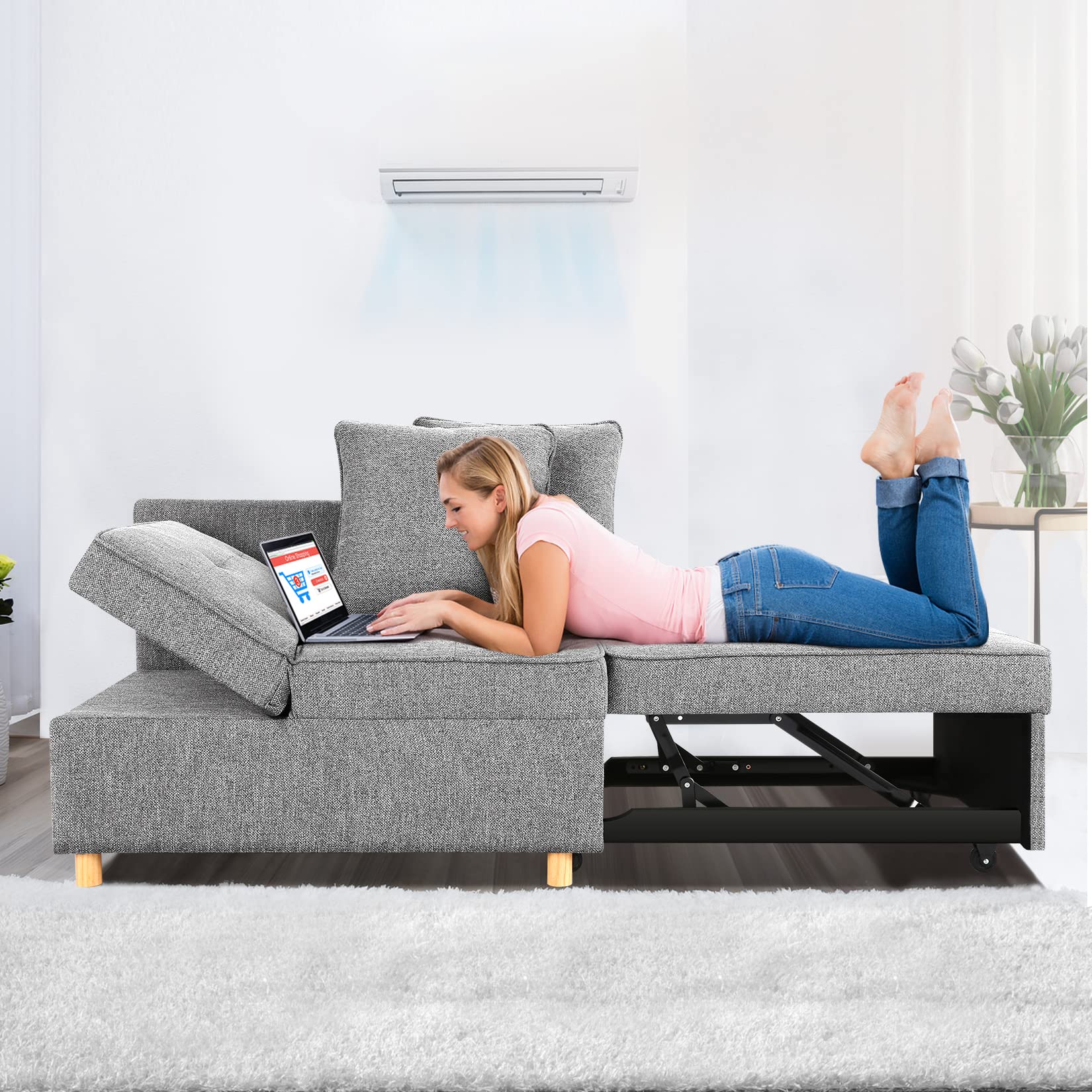 SEJOV 4-in-1 Convertible Sofa Bed, Multi-functional Linen Fabric Couch with Adjustable Backrest & Sturdy Frame for Small Spaces