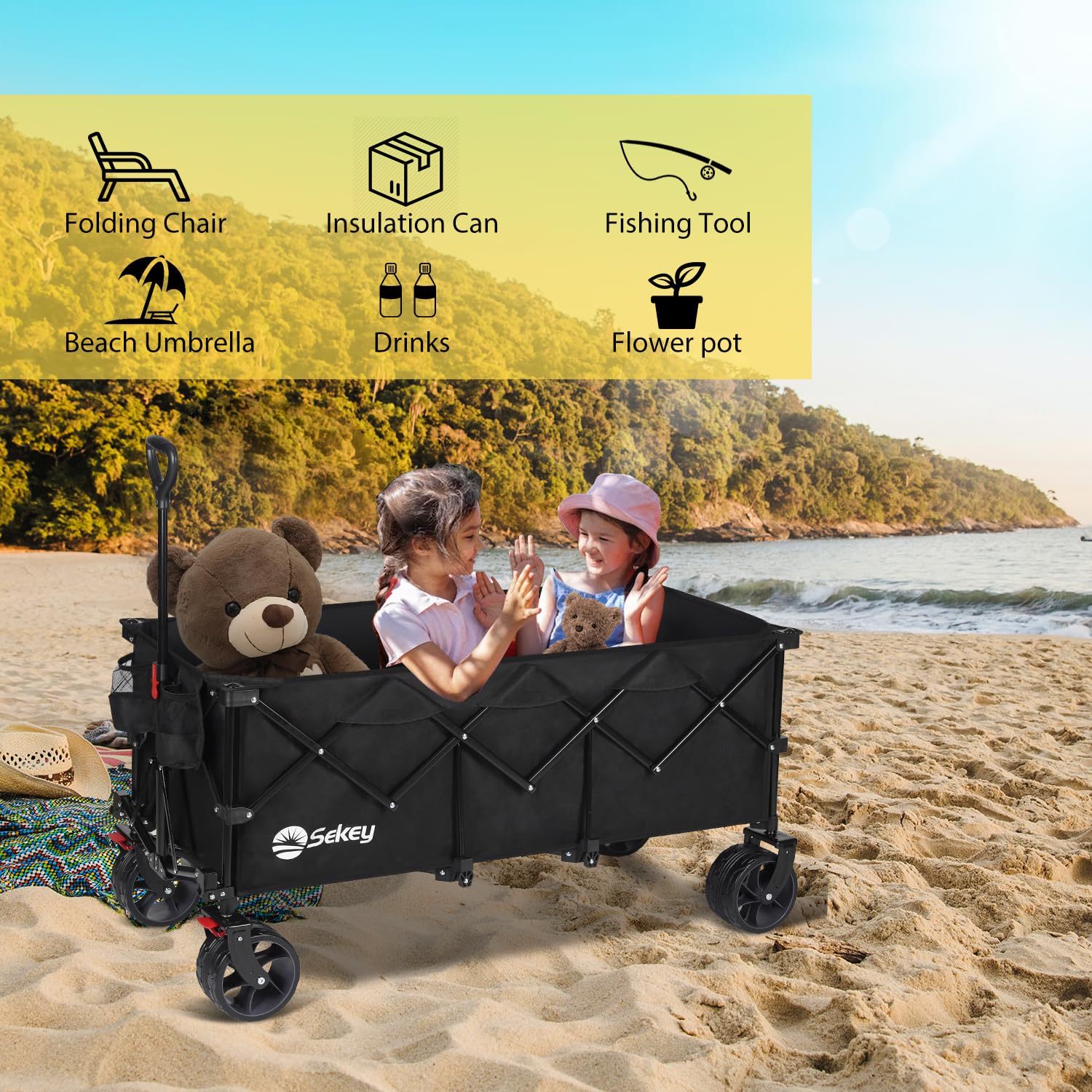 Sekey Extra Large 48'' Foldable Wagon with 440 lbs Capacity, All-Terrain Wheels & Cup Holders