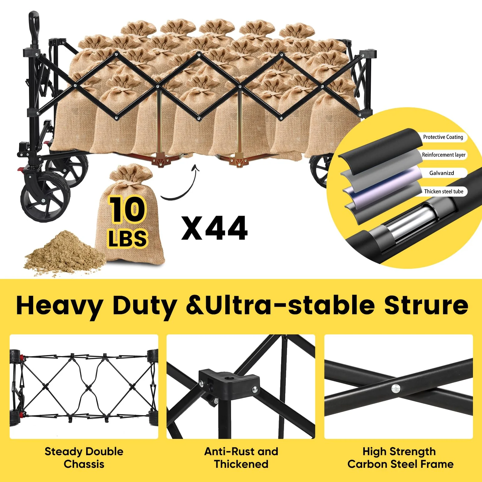 Sekey Extra Large 48'' Foldable Wagon with 440 lbs Capacity, All-Terrain Wheels & Cup Holders