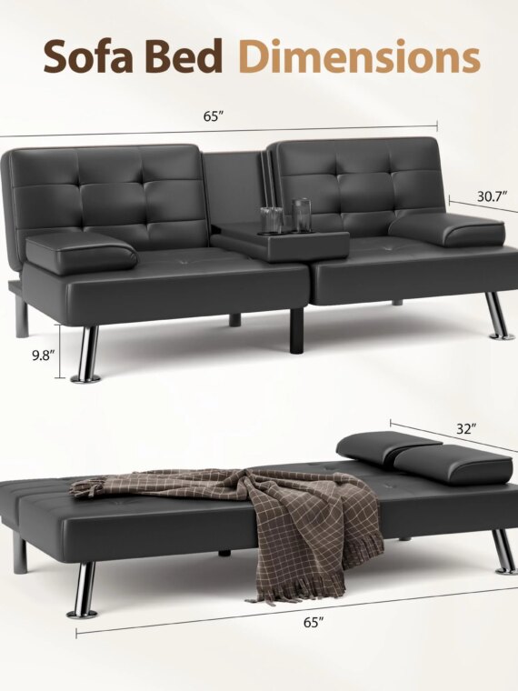 Shahoo Convertible Futon Sofa Bed with Adjustable Backrests, Faux Leather, Metal Legs, Cup Holder, Compact Design