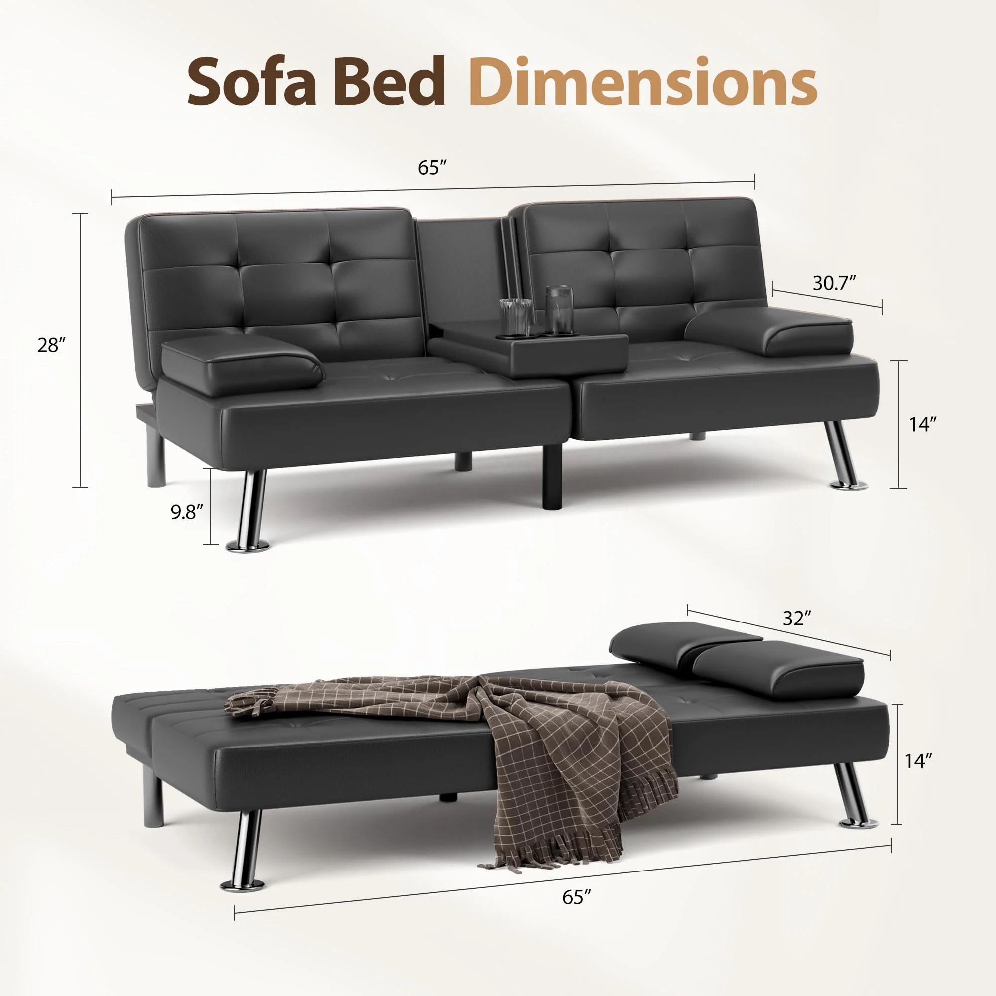 Shahoo Convertible Futon Sofa Bed with Adjustable Backrests, Faux Leather, Metal Legs, Cup Holder, Compact Design
