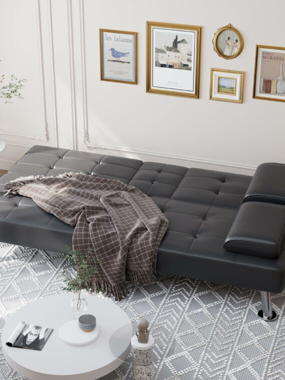 Shahoo Convertible Futon Sofa Bed with Adjustable Backrests, Faux Leather, Metal Legs, Cup Holder, Compact Design