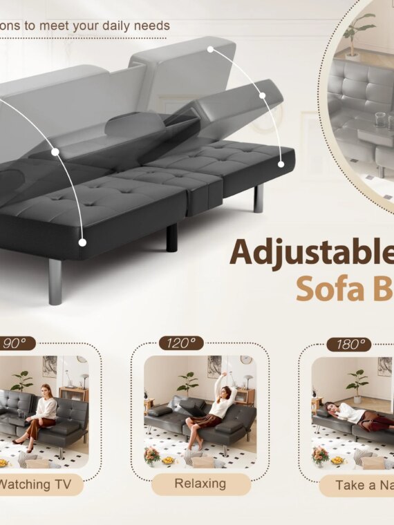 Shahoo Convertible Futon Sofa Bed with Adjustable Backrests, Faux Leather, Metal Legs, Cup Holder, Compact Design