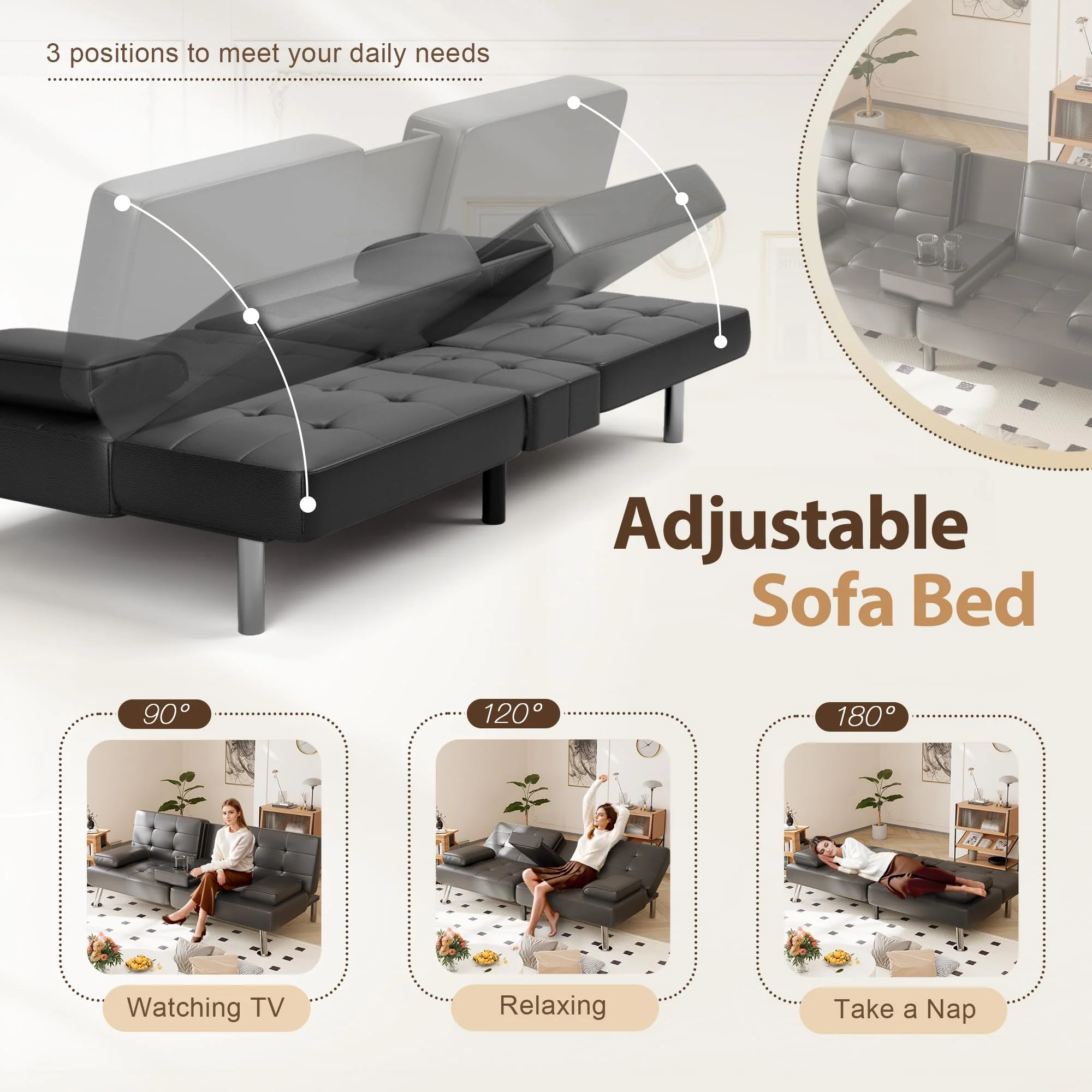 Shahoo Convertible Futon Sofa Bed with Adjustable Backrests, Faux Leather, Metal Legs, Cup Holder, Compact Design