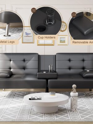 Shahoo Convertible Futon Sofa Bed with Adjustable Backrests, Faux Leather, Metal Legs, Cup Holder, Compact Design