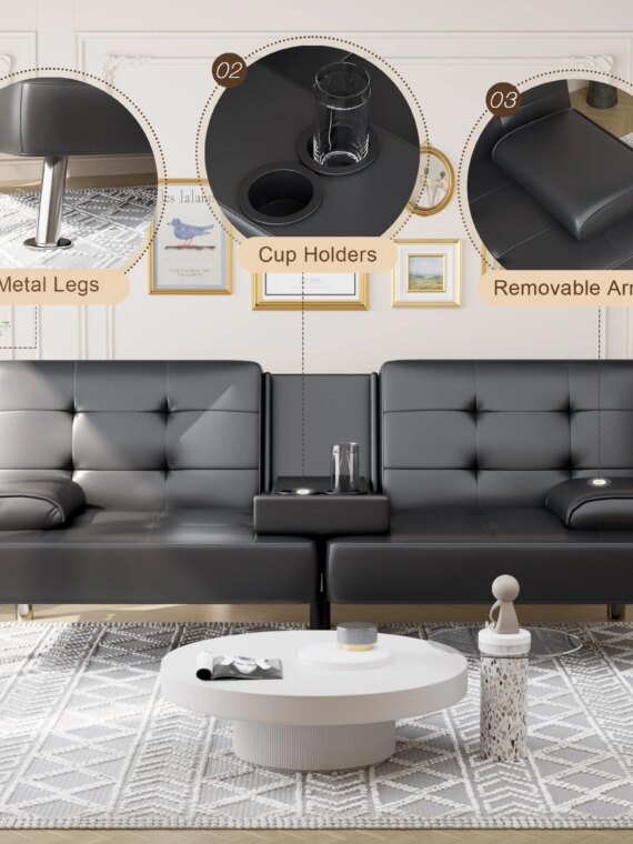Shahoo Convertible Futon Sofa Bed with Adjustable Backrests, Faux Leather, Metal Legs, Cup Holder, Compact Design