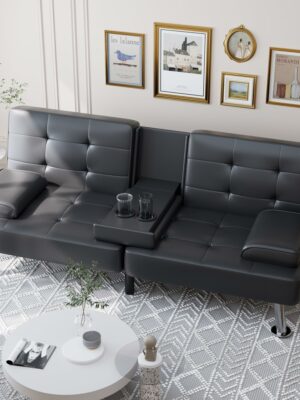 Shahoo Convertible Futon Sofa Bed with Adjustable Backrests, Faux Leather, Metal Legs, Cup Holder, Compact Design