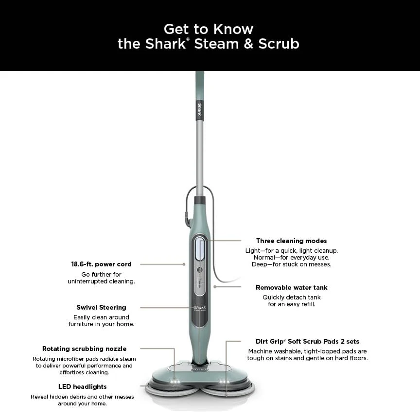 Shark Steam & Scrub Mop - All-in-One Sanitizing, 3 Steam Modes, LED Headlights, 150+ Scrubs/Min, For Sealed Hard Floors