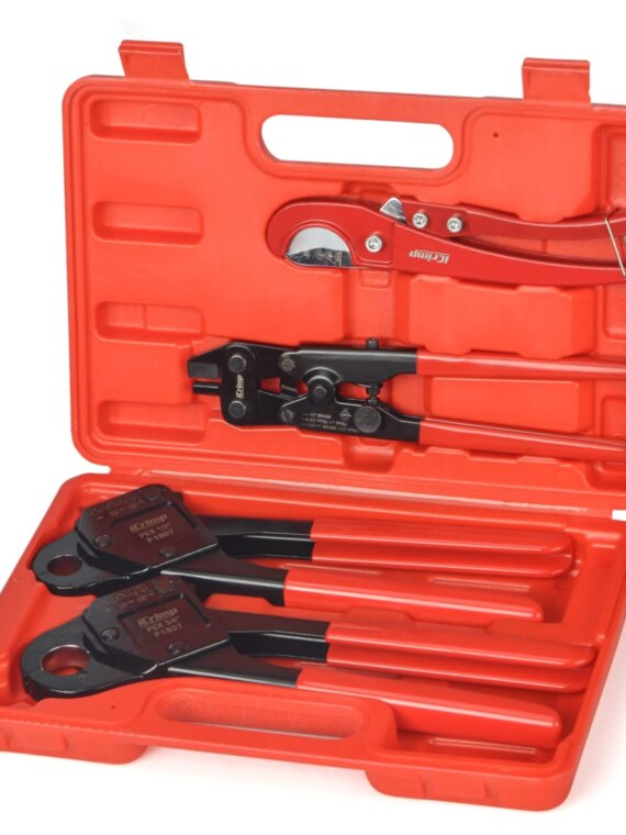 SharkBite Iwiss PEX Crimp Tool Kit, 5-Piece, Crimps 1/2" & 3/4" Copper Rings, Includes Cutter & Gauge