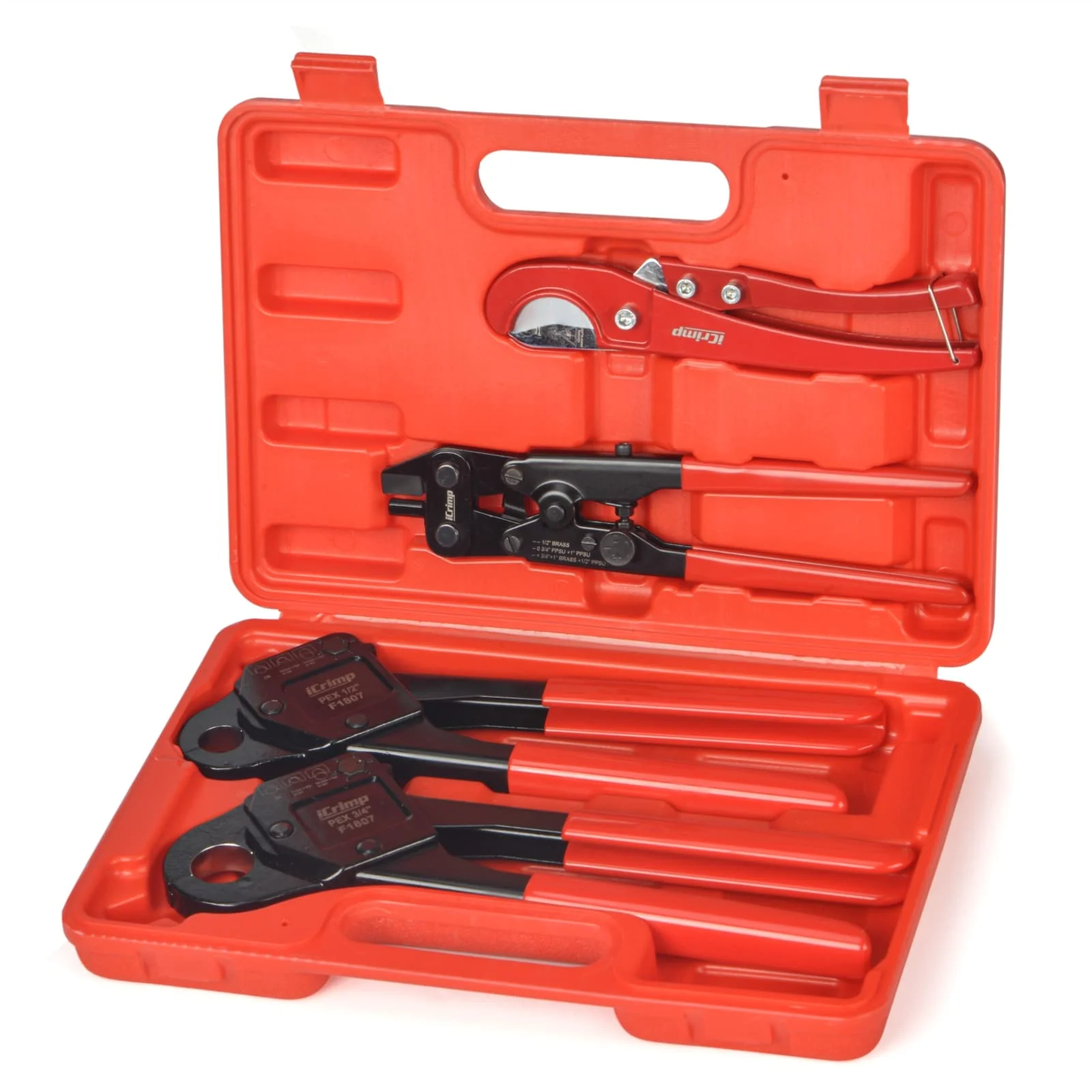 SharkBite Iwiss PEX Crimp Tool Kit, 5-Piece, Crimps 1/2" & 3/4" Copper Rings, Includes Cutter & Gauge