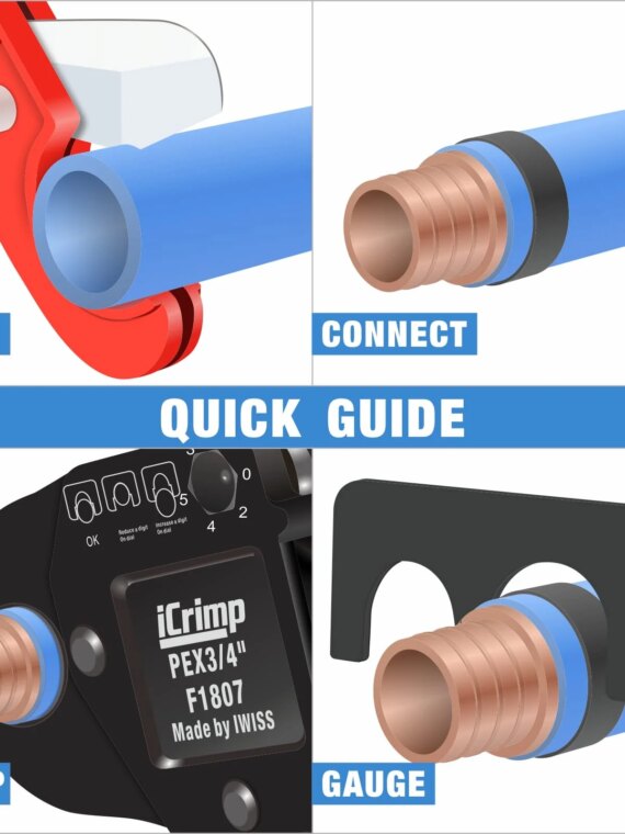 SharkBite Iwiss PEX Crimp Tool Kit, 5-Piece, Crimps 1/2" & 3/4" Copper Rings, Includes Cutter & Gauge