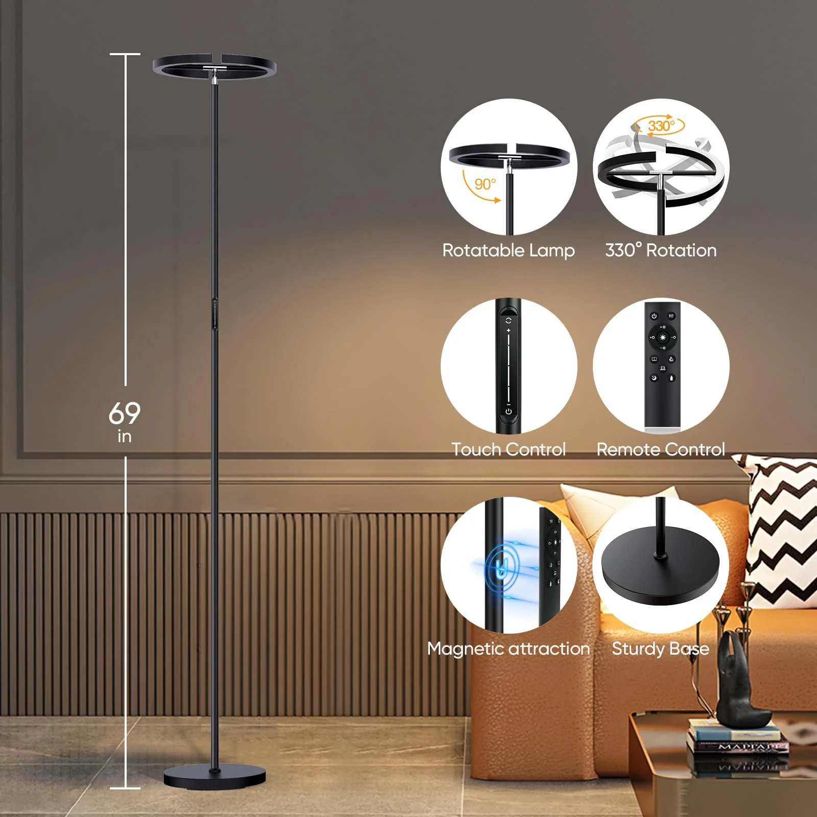 SIBRILLE LED Floor Lamp, Stepless Dimmable 3000-6000K, Adjustable Brightness, Energy Efficient, Modern Design, Remote Control