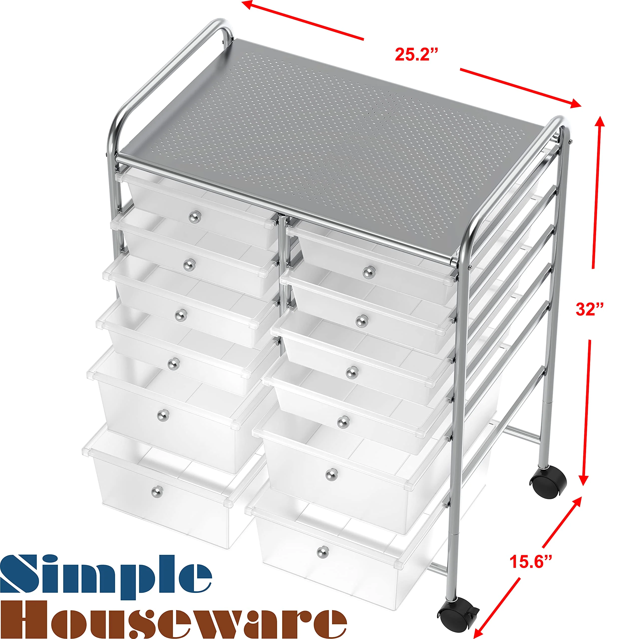 Simple Houseware 12-Drawer Rolling Utility Cart, Chrome Finish, Lockable Wheels, Metal Construction