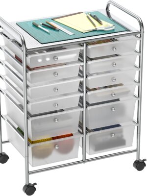 Simple Houseware 12-Drawer Rolling Utility Cart, Chrome Finish, Lockable Wheels, Metal Construction