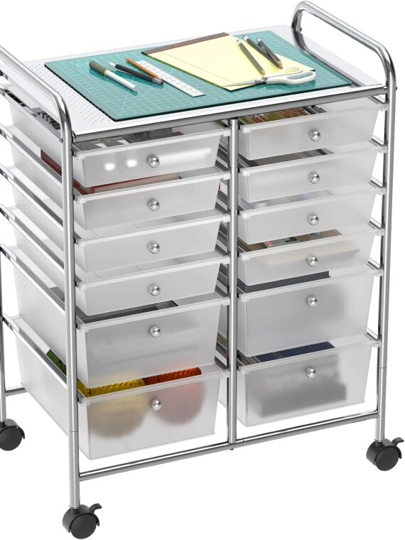 Simple Houseware 12-Drawer Rolling Utility Cart, Chrome Finish, Lockable Wheels, Metal Construction