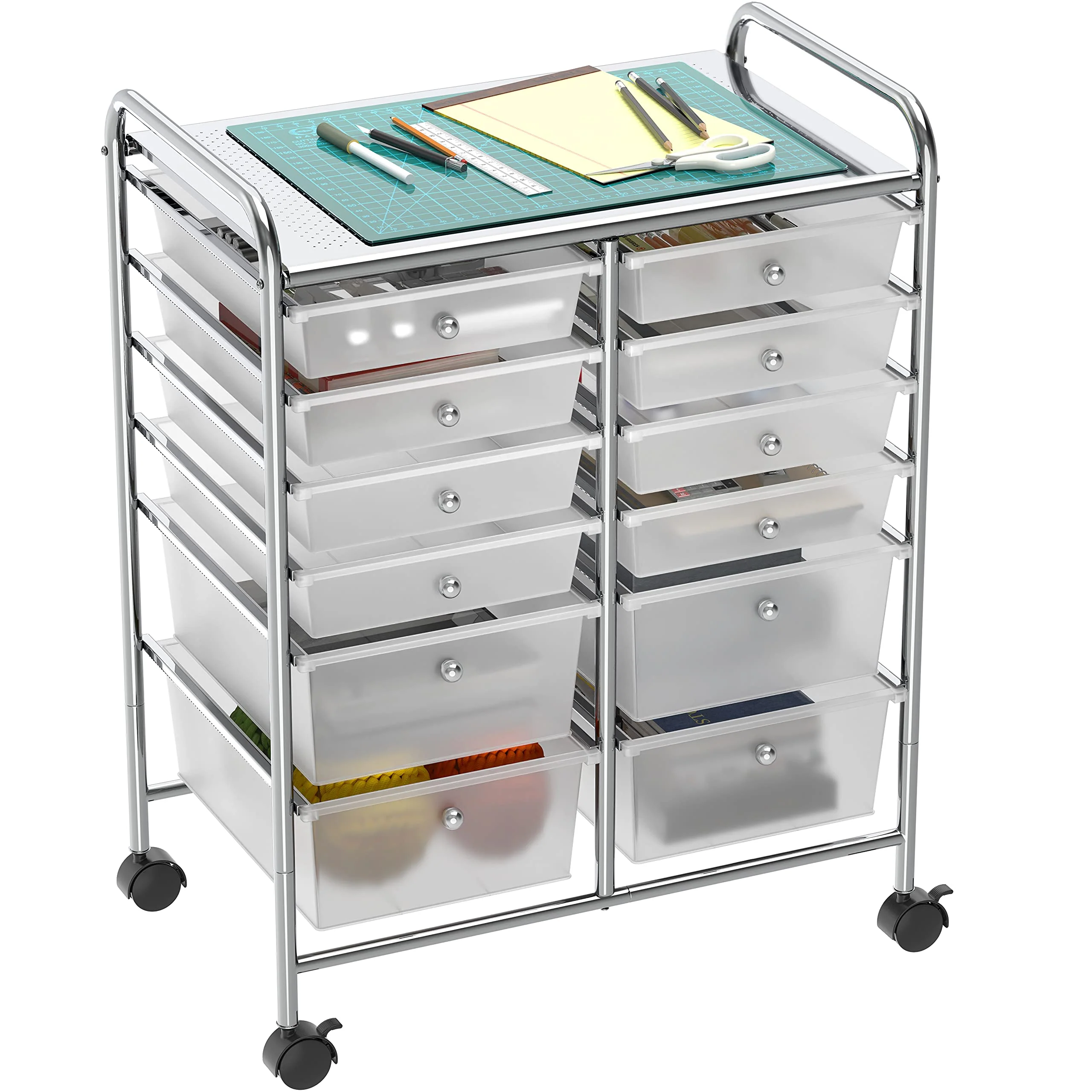 Simple Houseware 12-Drawer Rolling Utility Cart, Chrome Finish, Lockable Wheels, Metal Construction
