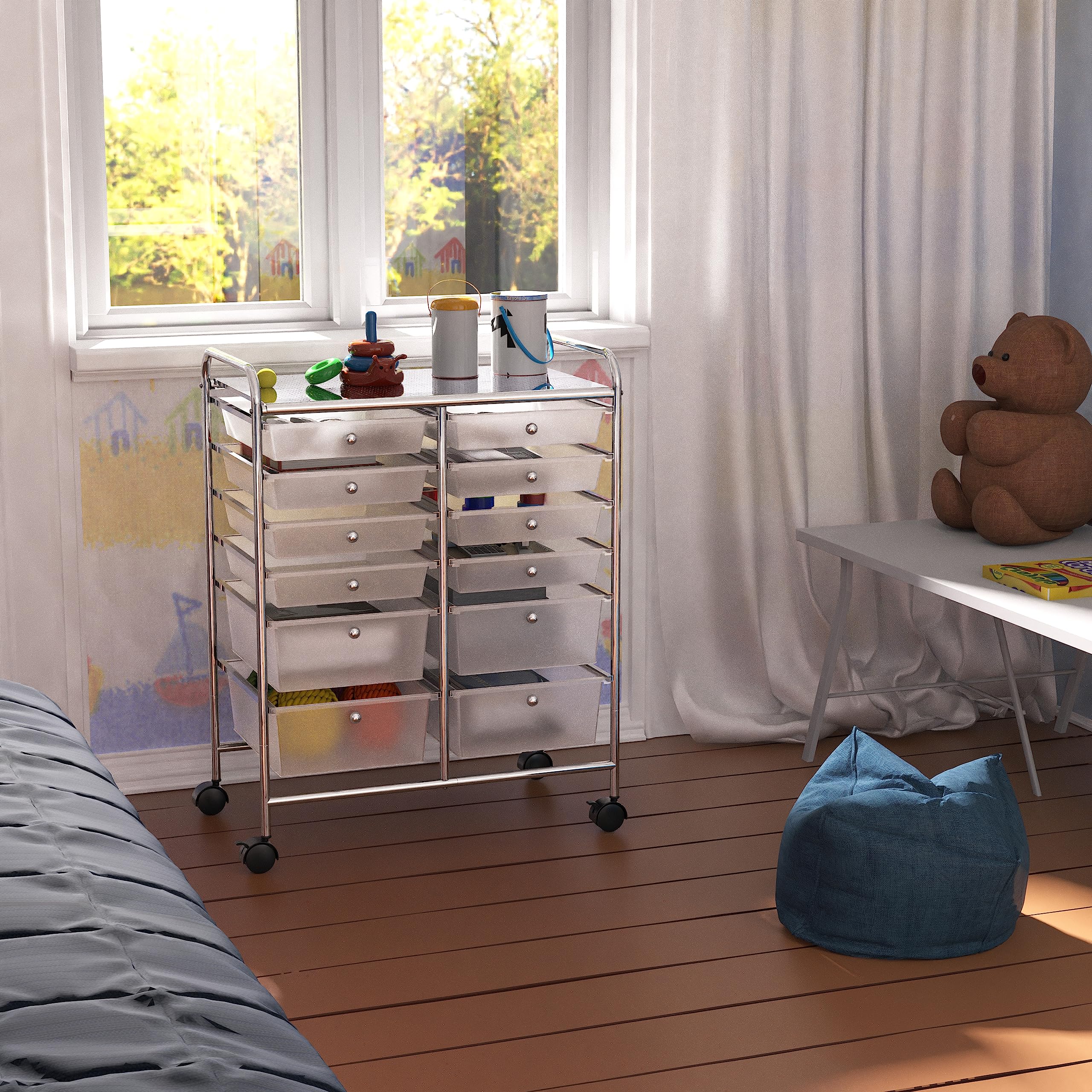 Simple Houseware 12-Drawer Rolling Utility Cart, Chrome Finish, Lockable Wheels, Metal Construction