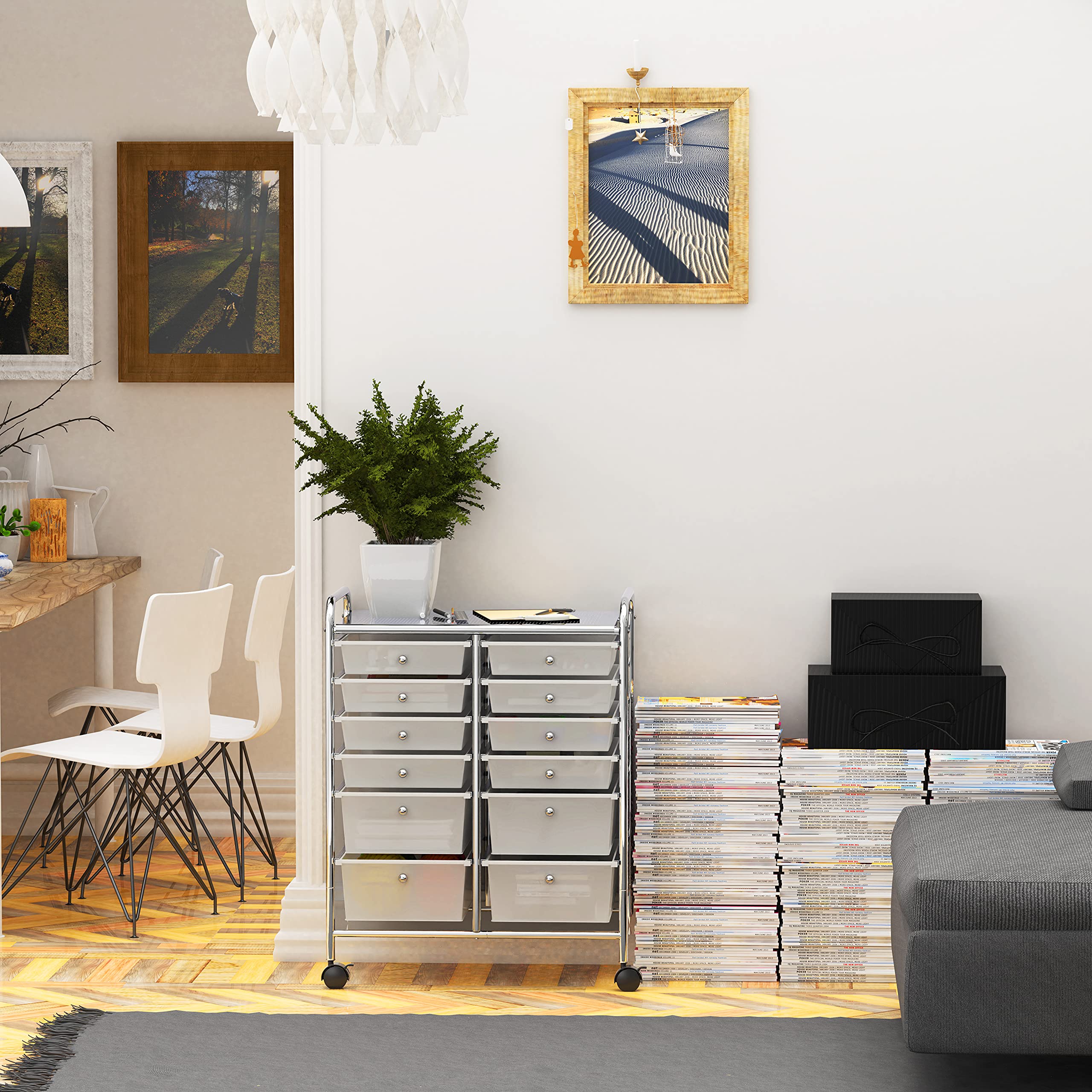 Simple Houseware 12-Drawer Rolling Utility Cart, Chrome Finish, Lockable Wheels, Metal Construction
