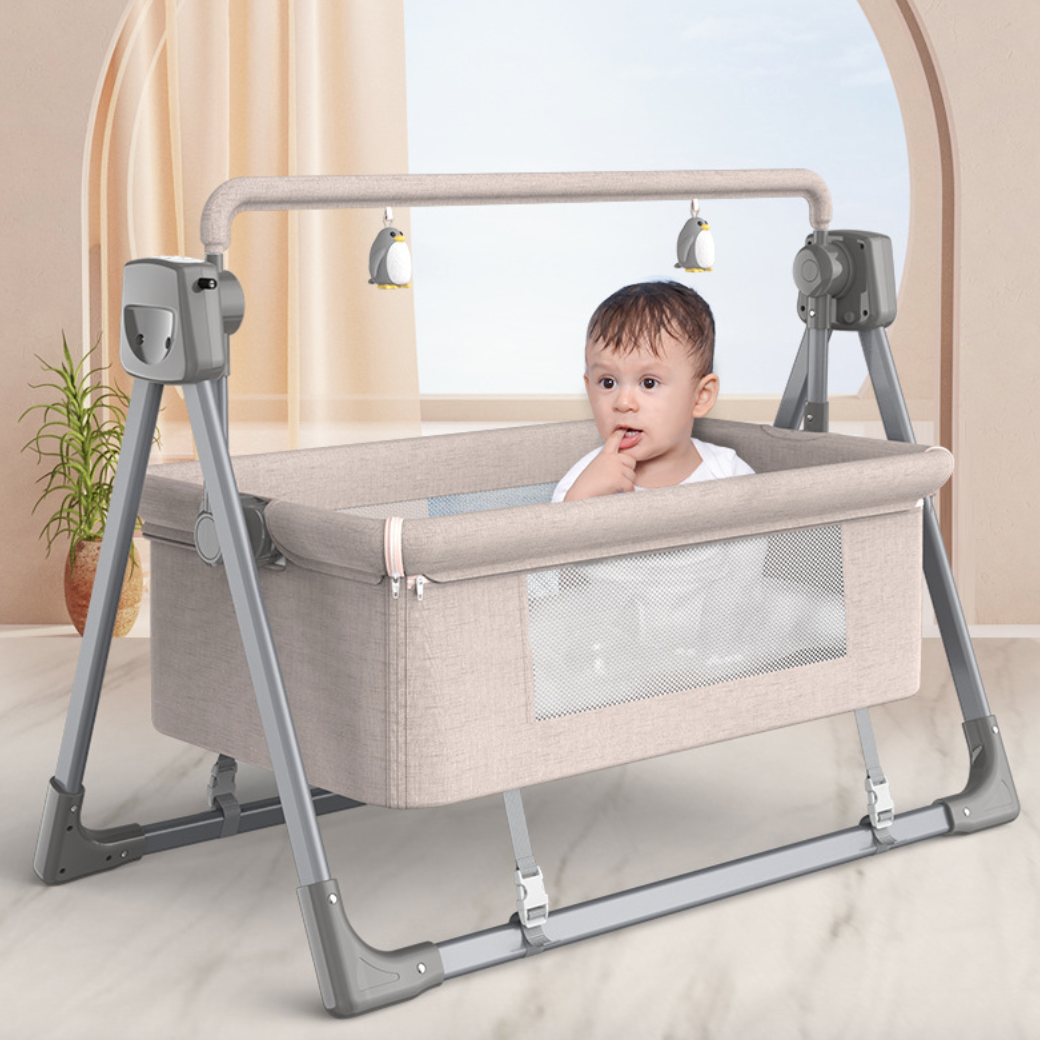 Smart Electric Baby Crib Bassinet with Music & Bluetooth, 5-Speed, Portable, Includes Remote & Carry Bag