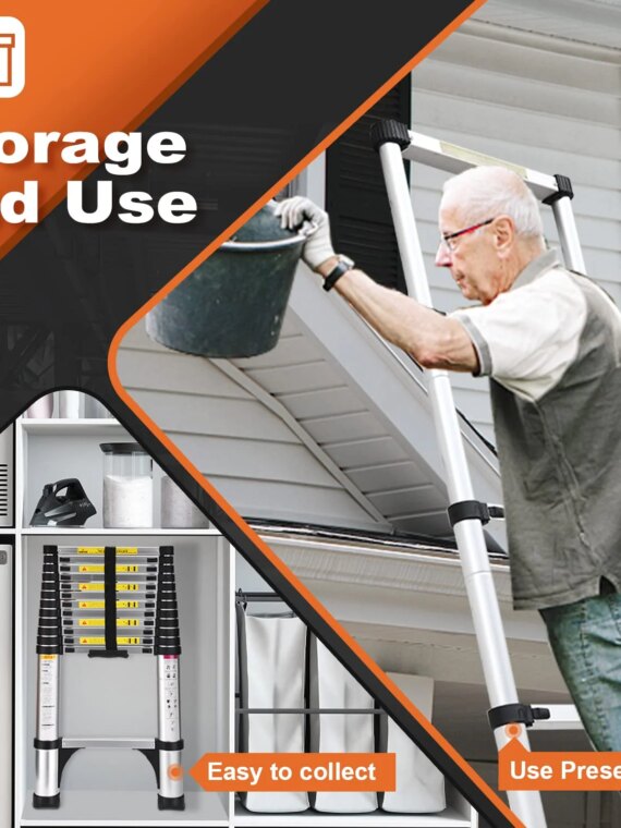 SocTone 12.5 FT Aluminum Telescoping Ladder with Stabilizers, Smart Locking, 330 lbs Capacity for Indoor/Outdoor Use