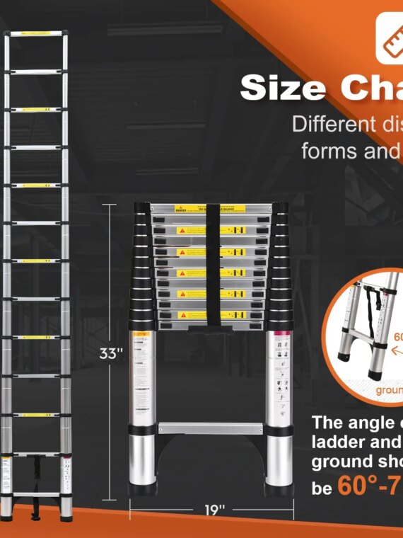 SocTone 12.5 FT Aluminum Telescoping Ladder with Stabilizers, Smart Locking, 330 lbs Capacity for Indoor/Outdoor Use