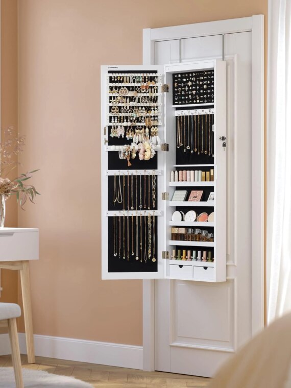 SONGMICS Jewelry Cabinet with Mirror, 6 LEDs, 2 Drawers, Wall/Door Mounted, 47.2" Tall, Large Storage