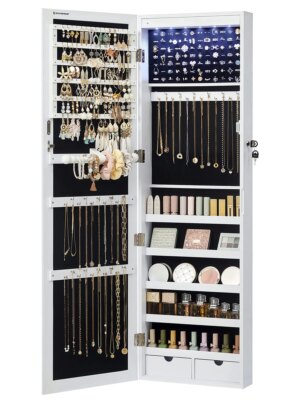 SONGMICS Jewelry Cabinet with Mirror, 6 LEDs, 2 Drawers, Wall/Door Mounted, 47.2" Tall, Large Storage