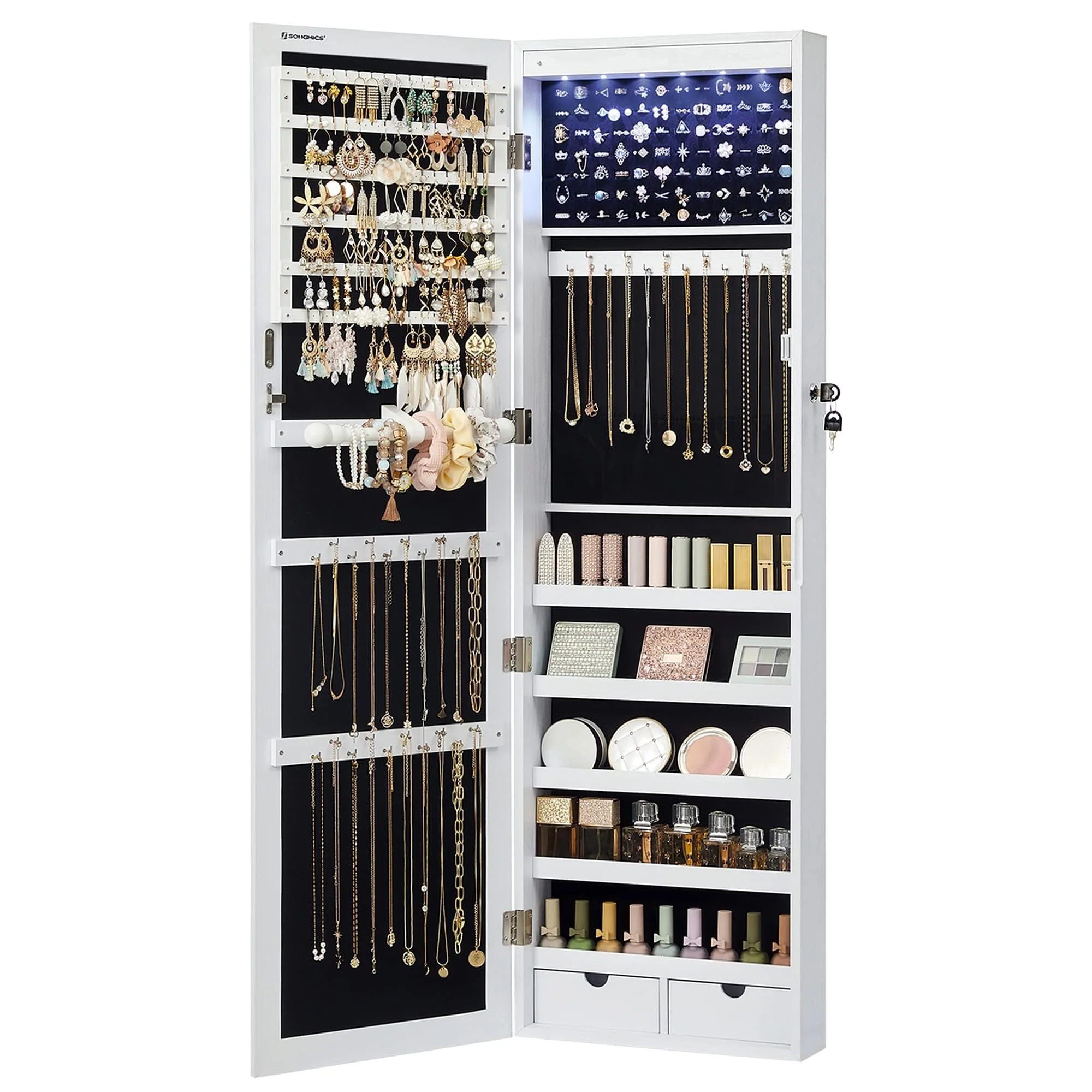 SONGMICS Jewelry Cabinet with Mirror, 6 LEDs, 2 Drawers, Wall/Door Mounted, 47.2" Tall, Large Storage