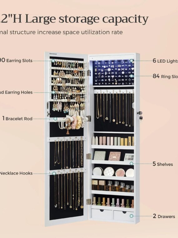 SONGMICS Jewelry Cabinet with Mirror, 6 LEDs, 2 Drawers, Wall/Door Mounted, 47.2" Tall, Large Storage