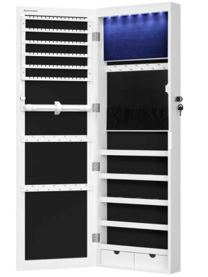 SONGMICS Jewelry Cabinet with Mirror, 6 LEDs, 2 Drawers, Wall/Door Mounted, 47.2″ Tall, Large Storage