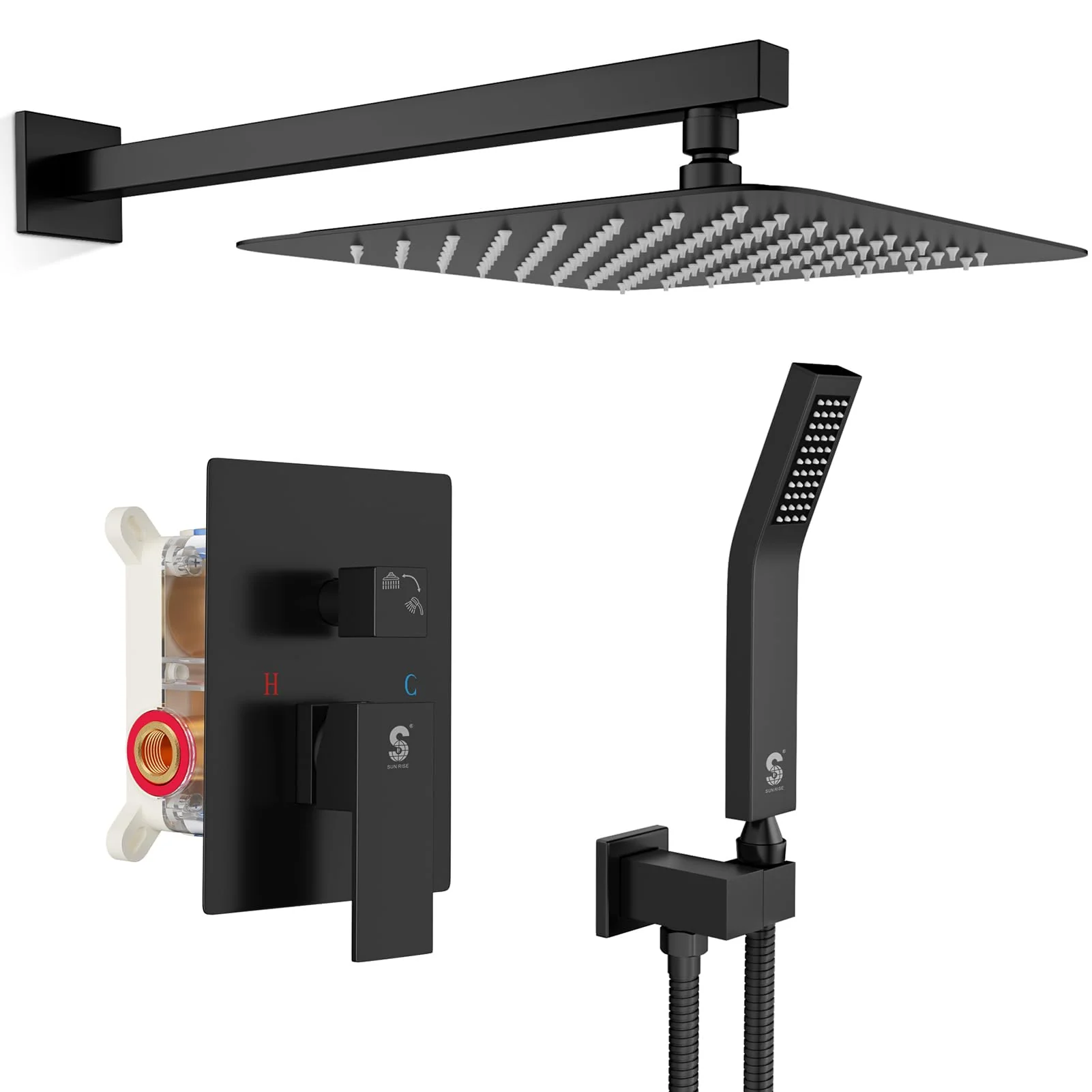 SR SUN RISE Matte Black Shower System with 10" Rainfall Head & Handheld, cUPC Certified, High Pressure, Durable Brass & Stainless Steel
